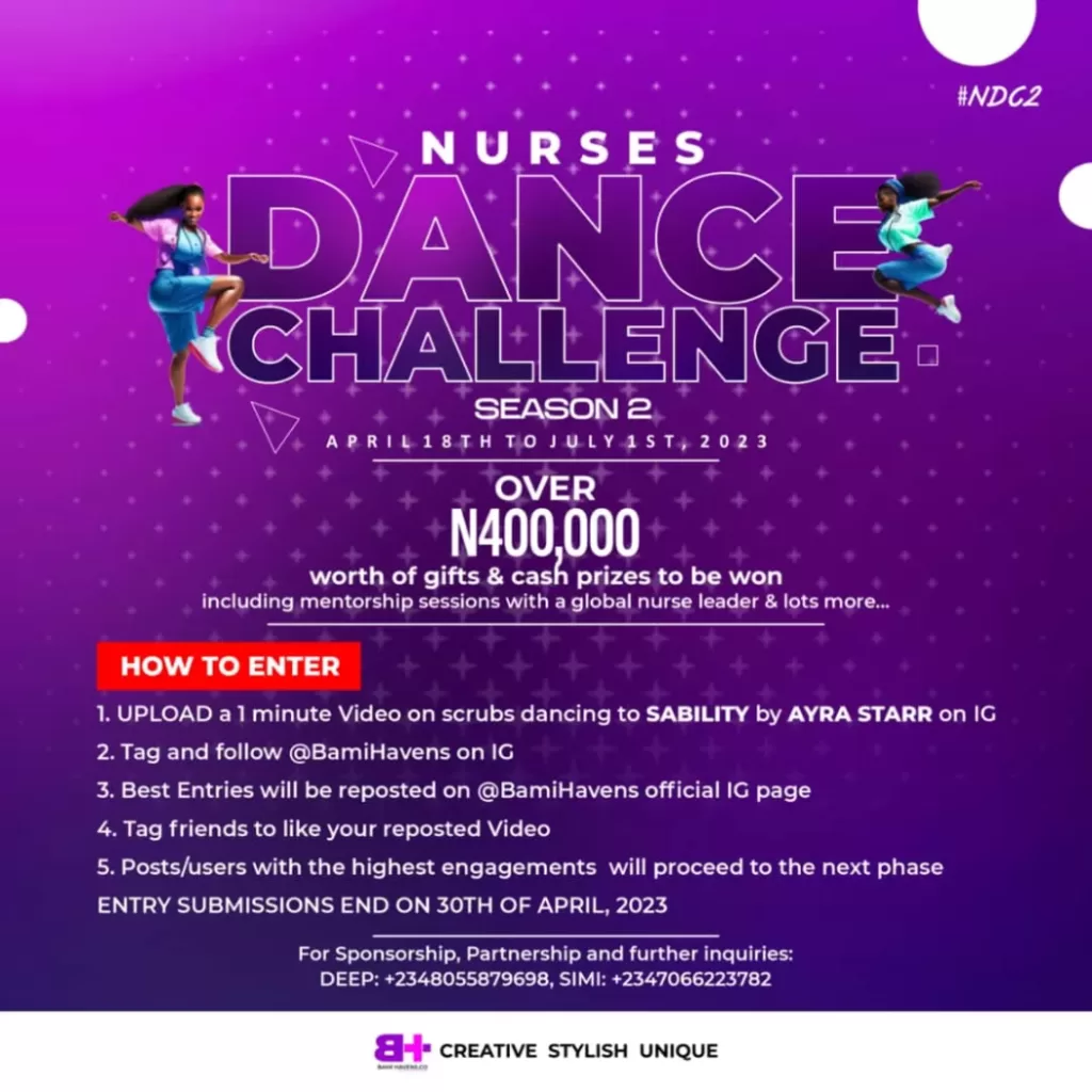 Nurses, it's time to show off your moves and put on your best kicks! 🎵💃🏽🕺🏽 Join us for season 2 of the Nurses Dance Challenge, presented by Bami Havens.*Check out the flyer for all the details and get ready to go from scrubs to swagger on the dance floor! 🔥🎉 #NursesDanceChallenge #FromScrubsToSwagger #BamiHavensForNurses